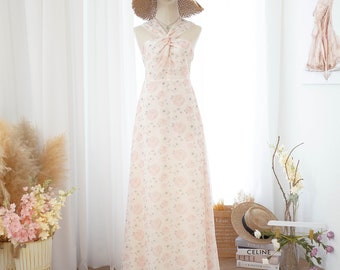 Creamy pink floral silk chiffon halter bridesmaid dress Long wedding guest dress Spring summer party cocktail dress Formal prom evening gown