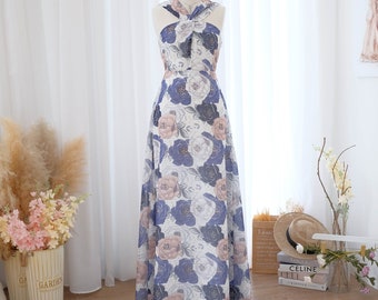 Royal blue roses floral silk chiffon halter bridesmaid dress Long wedding guest dress summer party cocktail dress Formal prom evening gown