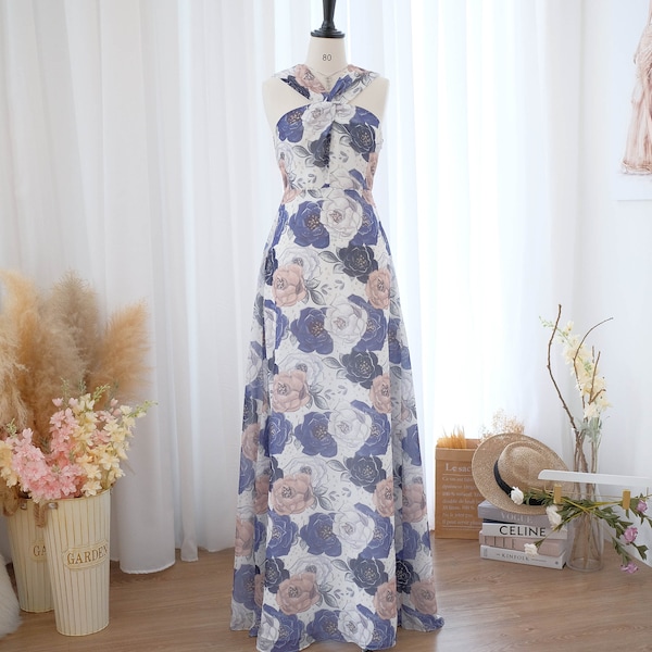 Royal blue roses floral silk chiffon halter bridesmaid dress Long wedding guest dress summer party cocktail dress Formal prom evening gown