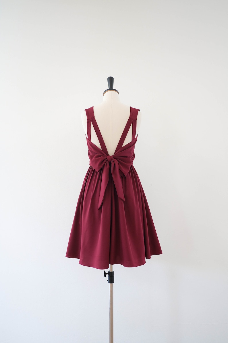 Red burgundy dress Backless bridesmaid dresses prom party cocktail short dress Bow back wedding guest dress summer red dress image 3