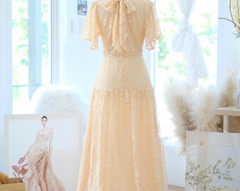 Lace bridesmaid dresses , High turtle neck , Short sleeve , Maxi length wedding guest dress , Cocktail party wedding gown , Beige lace