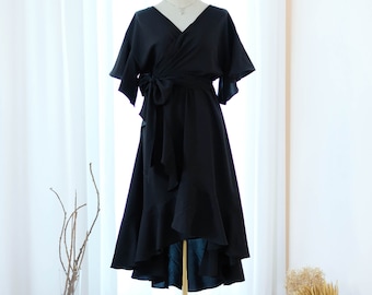 Black bridesmaid dresses, Wrap dress Wedding guest , Short sleeve dress, Boho party dress, High Low dress for woman