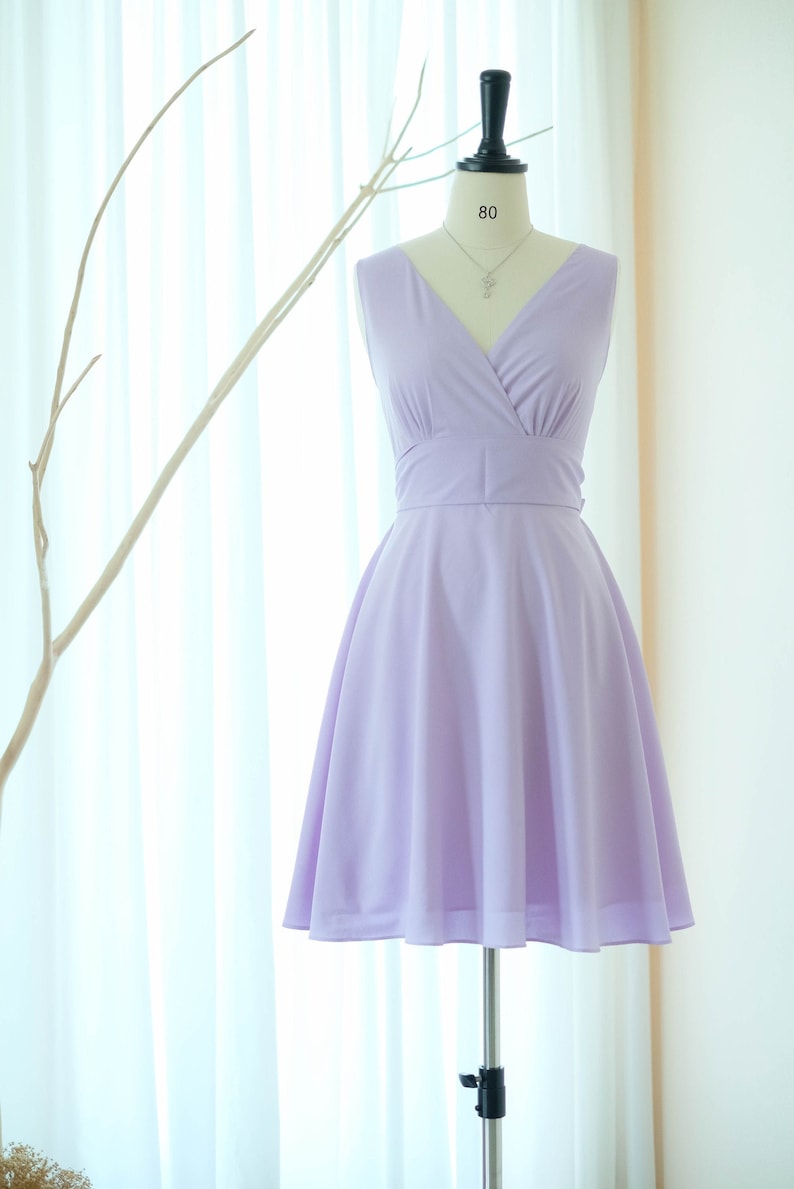 Lilac dress Vintage lilac bridesmaid dress Cross V Neck party dress Tea dress Spring summer lilac purple dress Short dress image 1