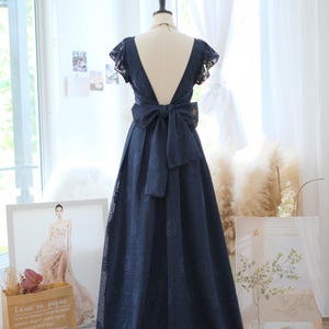 Navy lace bridesmaid dress , Backless cocktail dress , Wedding party dress , Lace prom dress , Navy gown , Dark blue dress