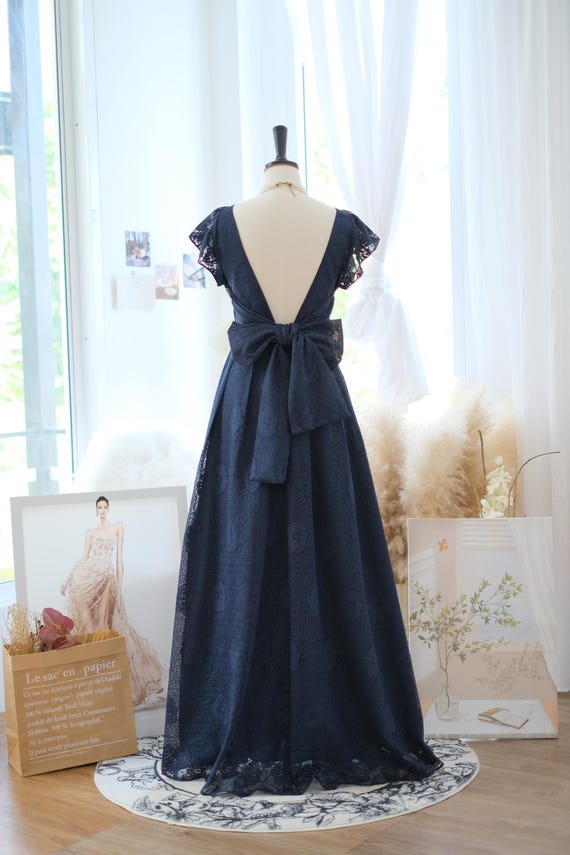 Navy lace prairie dress, lace bridesmaid dress, Backless Navy wedding guest dress, Vintage lace dress, Custom colors