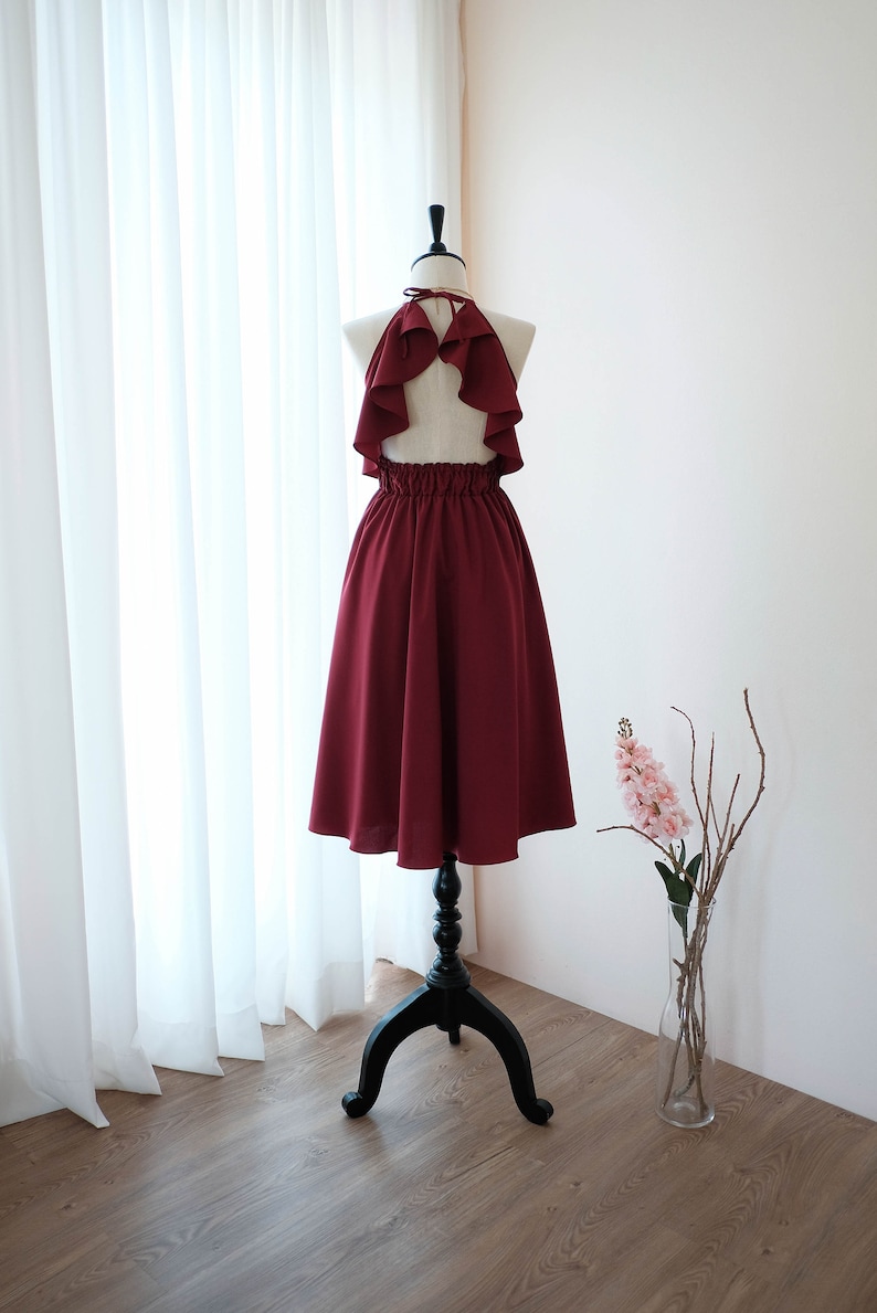 Wine Burgundy Bridesmaid dresses Halter backless party prom cocktail dress Wedding guest wine midi dress vintage inspired dress image 1