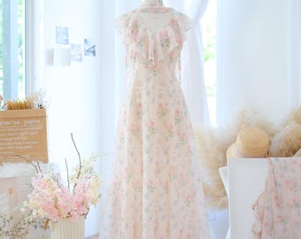 Pale pink prairie dress, Maxi wedding guest dress, Romantic floral chiffon dress, Garden wedding outfits, Cottagecore dress