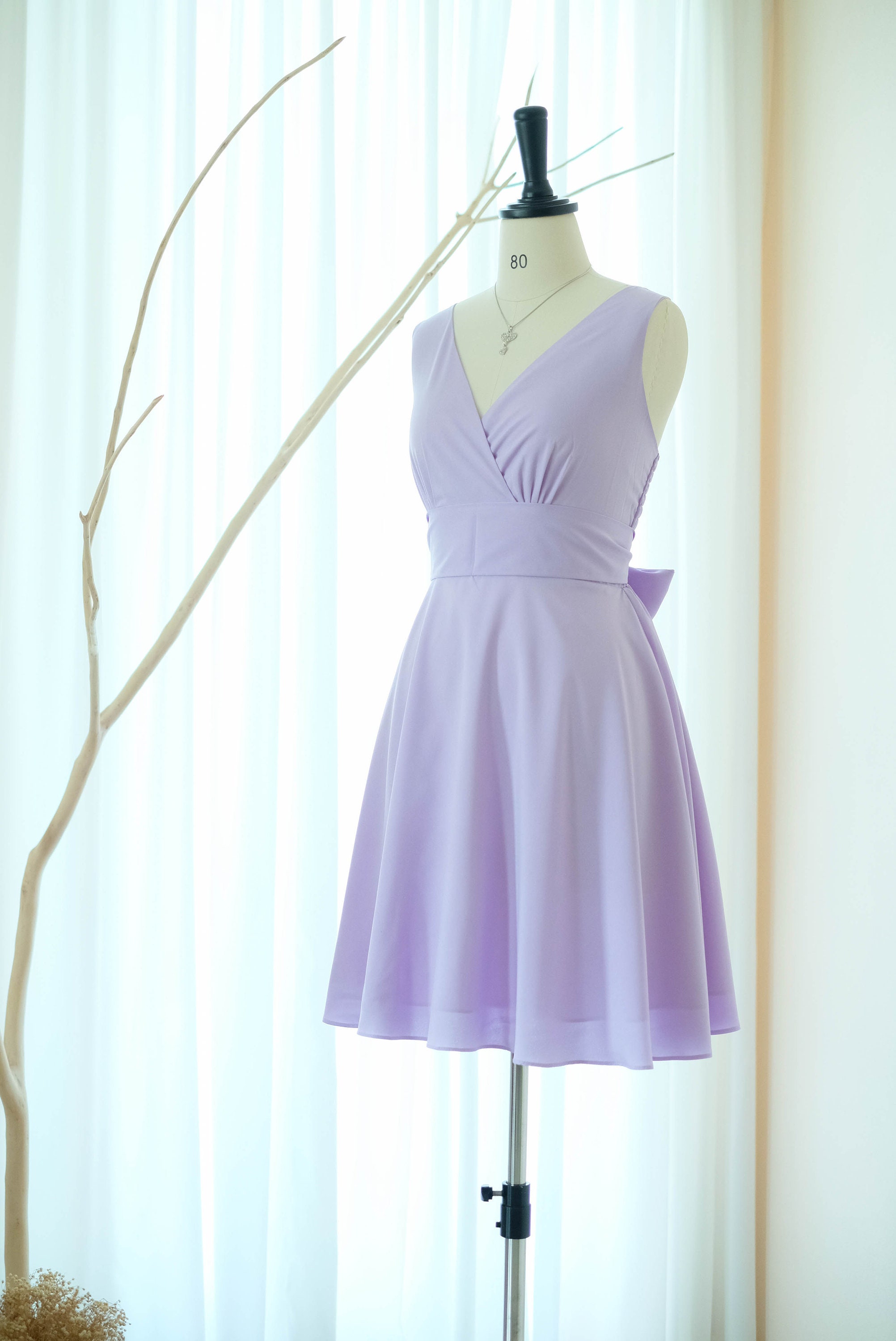Lilac Vintage Bridesmaid Dresses, Tea Party Dress, Wedding Guest Dresses with Bow, Summer Wedding Short Dress