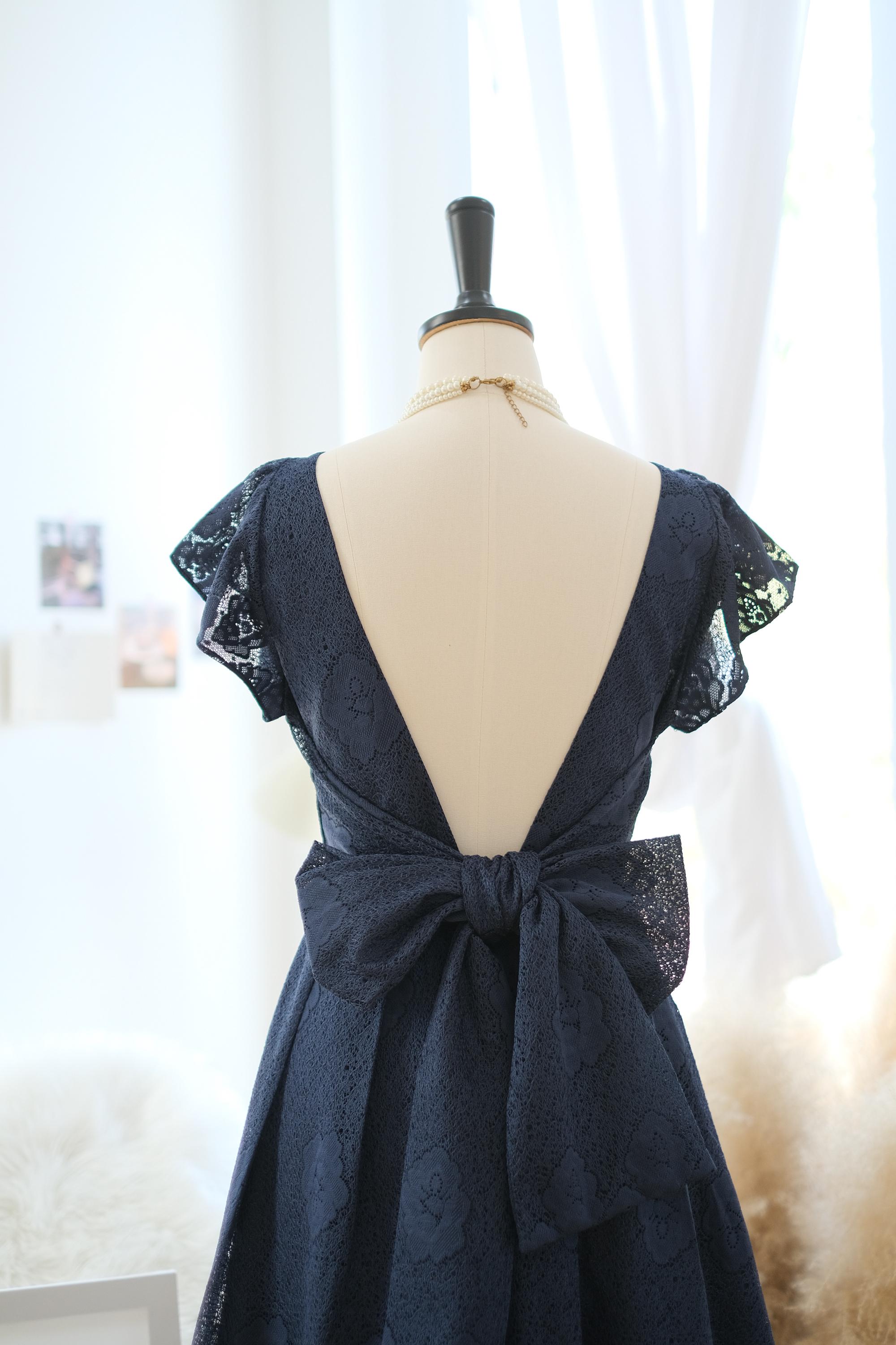 chinese dress ladies Open Back Short Blue Lace Prom Dresses, Short Backless Blue Lace Forma main image 1