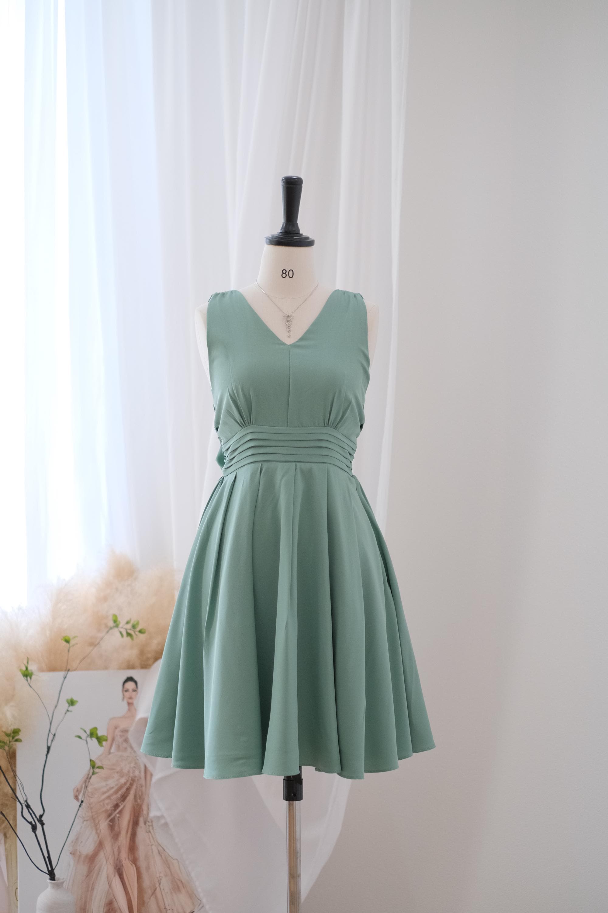 dusty mint green dress High Neck Mint Green Chiffon A-line Bridesmaid Dress – Ohmollydress main image 0