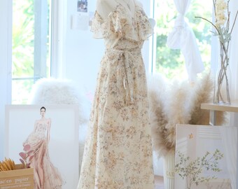Sheer Floral Chiffon Bridesmaid Dress, Boho Wedding Guest Maxi Dress, Drop  Shoulder Wrap Dress, Beach Garden Wedding Theme - Etsy