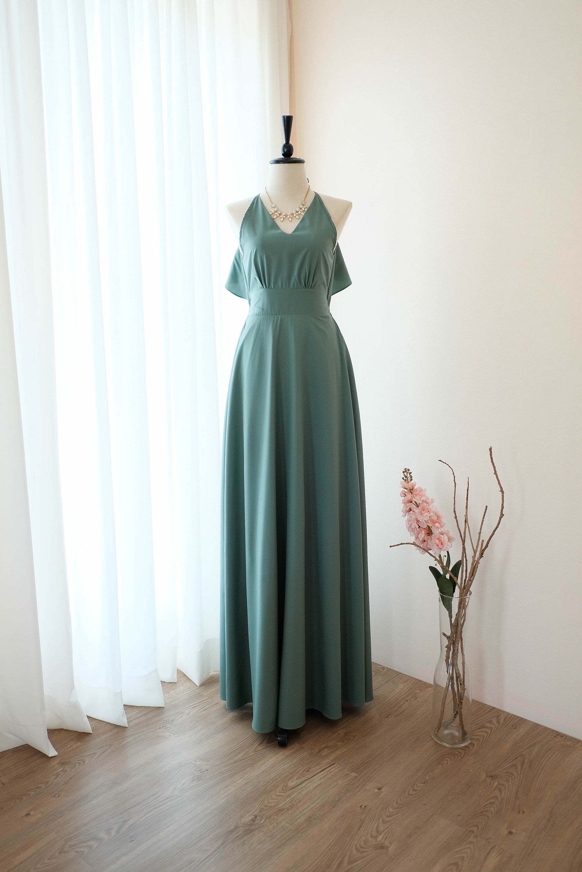sage green halter bridesmaid dresses Stacees Fitted Halter-Neck Bridesmaid Dress with Sash Slit