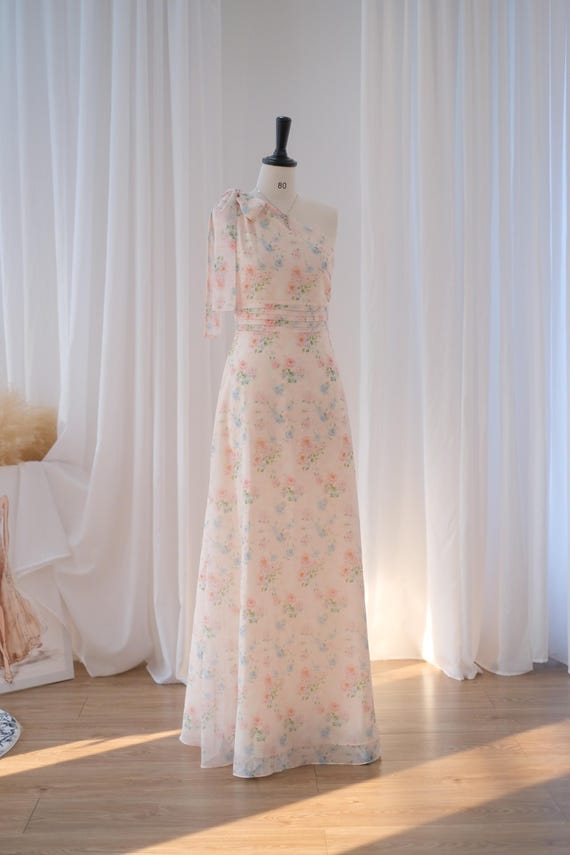 light pink one shoulder bridesmaid dresses Pale Dress, Pink Floral Dress, Floral Wedding Guest Dress, Vintage Cottage Maxi Dress Maxi dress
