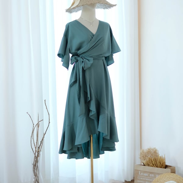 Earthy sage green dress Sage bridesmaid dresses cocktail prom party wrap dress sage green wedding guest dress midi gown