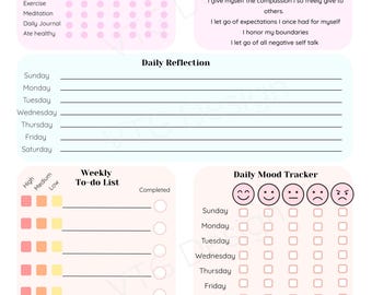 Seguimiento semanal de bienestar / Diario de autocuidado imprimible / Planificador digital de salud mental / Seguimiento del estado de ánimo / Lista de tareas pendientes