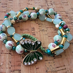 Boho Butterfly Bracelet Set – Handmade Multistrand Beaded Jewelry with Ceramic, Glass, Crystal & Gold Accents