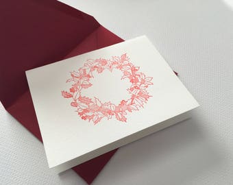 Letterpress Holiday Card - Holly Wreath, Holiday Wreath, Christmas wreath, Simple Christmas card,