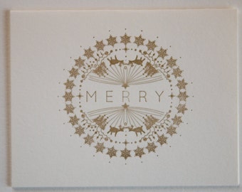 Letterpress Holiday Card -MERRY- Christmas card, Gold, Rain deer, Christmas tree forest, Stars, Star of Bethlehem, christmas star,