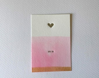 Letterpress Mini Card - "Love you" tinted with watercolor. card for her, card for him, best friends, with gift, small card, message card,