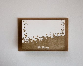 Letterpress Holiday Mini Card -Be Merry- Christmas, Small card, Gold, Stars, Blank inside, Note card, With gift, Season's greetings