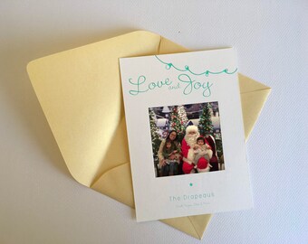 Letterpress Holiday Card with Picture --Love and Joy-- Holiday photo card, Christmas photo card, season's greetings, Custom holiday card