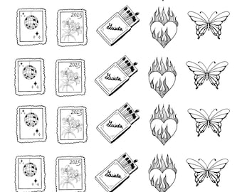 Tatuajes temporales de boda, sellos florales personalizados, sello de bola de discoteca, corazón en llamas, caja de cerillas, mariposa (cortes individuales)