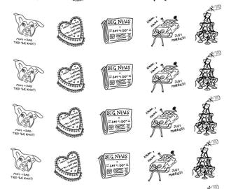 Tatuajes temporales de boda personalizados: mascotas, torre de champán, grandes noticias, pastel vintage, coche de recién casados (cortes individuales)