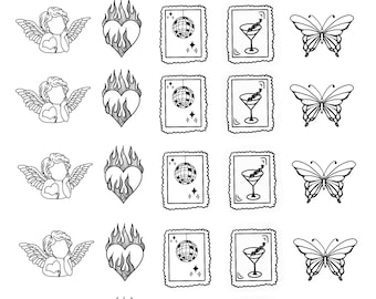 Tatuajes temporales de boda: querubín, corazón en llamas, sellos y mariposa (cortes individuales)