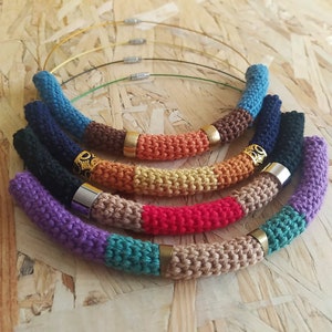 Three-color choker necklaces, Multicolored crochet necklaces with steel details, Tubular necklaces with silver or colored base, Customizable