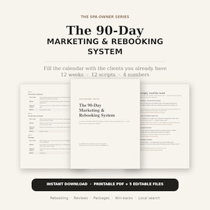 Puede incluir: El sistema de marketing y rebooking de 90 días es un conjunto de documentos digitales que incluye una portada y páginas internas con texto, tablas y listas. El contenido incluye 12 semanas, 12 guiones y 4 números, con texto negro sobre fondo crema.
