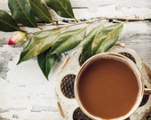 Coffee Photo -  Fine Art Photography, coffee, camellia, china cup, coffee art, spring, springtime, kitchen decor, green, brown