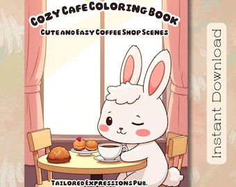 May include: A coloring book cover with a cartoon bunny at a cafe table. The book is titled "Cozy Cafe Coloring Book" with the subtitle "Cute and Easy Coffee Shop Scenes." The bunny is winking and holding a coffee cup. The words "Instant Download" are also visible.