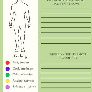 May include: A light green morning check-in journal page. It features a body outline, color-coded feelings, and prompts to describe body sensations. The text includes "Color where you feel something in your body" and "One word to describe my body right now."