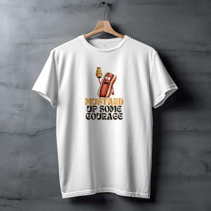 Funny Hot Dog Cartoon Mustard Up Some Courage Graphic Tee, Cute Food Pun T-Shirt, Unique Humor Gift Shirt for Food Lovers