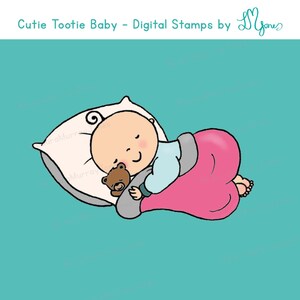 Lindo sello digital de bebé durmiendo sosteniendo un osito de peluche