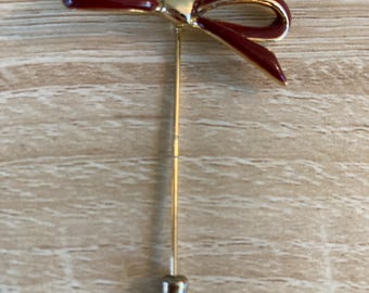 Vintage Trifari Red Enamel Bow Stick Pin | Holiday Lapel Brooch | Bold Retro Accessory