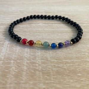 Pulsera de chakras con ónix negro – Piedras curativas de los 7 chakras – Pulsera elástica de cuentas de piedras preciosas – Joyería energética – Regalo de meditación