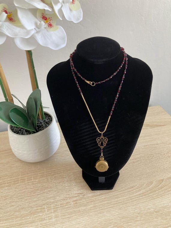 Victorian Revival Locket Necklace: Gold Tone, Butterfly Connector & Red Beads