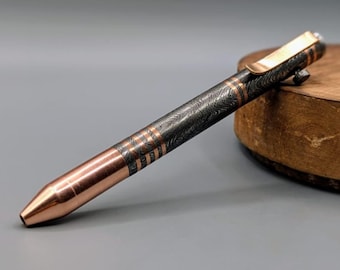 Hand Forged Damascus Steel Bolt Action Pen with Copper Tip | Handmade Metal Writing Pen Gift