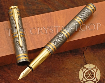 手作りダマスカス鋼万年筆：真鍮クリップ、高級ギフト