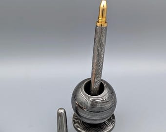 Handcrafted Damascus Steel Pen with Holder, Artisan Desk Pen Set, Luxury Writing Pen, Executive Gift