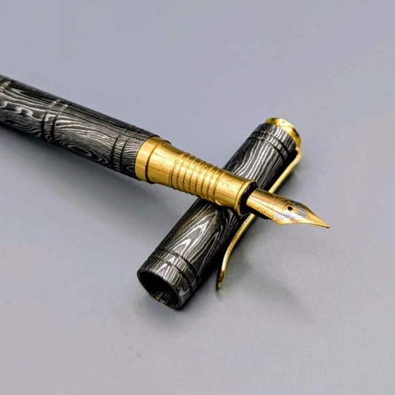 Handcrafted Damascus Steel Fountain Pen, Luxury Writing Instrument, Golden Nib, Executive Gift for Him