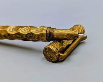 Hand-Forged Gold Damascus Steel Ballpoint Pen, Luxury Collectible Executive Gift, Custom Engraved Wooden Box