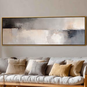 Abstract Horizontal Canvas Art, Black and Grey Modern Painting, Wood Framed Print