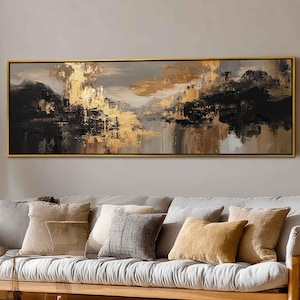 Impresión abstracta panorámica en lienzo, arte mural, pintura horizontal en negro y dorado, obra de arte moderna neutra