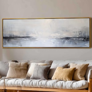 Minimalist Abstract Landscape Wall Art, Gray and White Horizontal Oil Painting Canvas Print