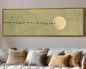 Lienzo minimalista con pájaros y luna, arte mural panorámico en verde salvia y dorado.