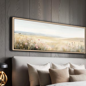 Framed Landscape Canvas Print: Muted Floral Field, Modern Home Decor