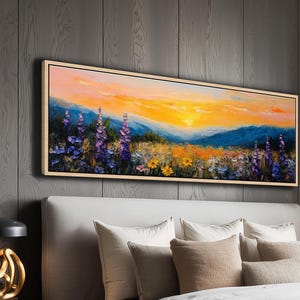 Wildflower Field Sunset Canvas Wall Art, Framed Panoramic Mountain Landscape Painting, Textured Floral Gallery Canvas Print