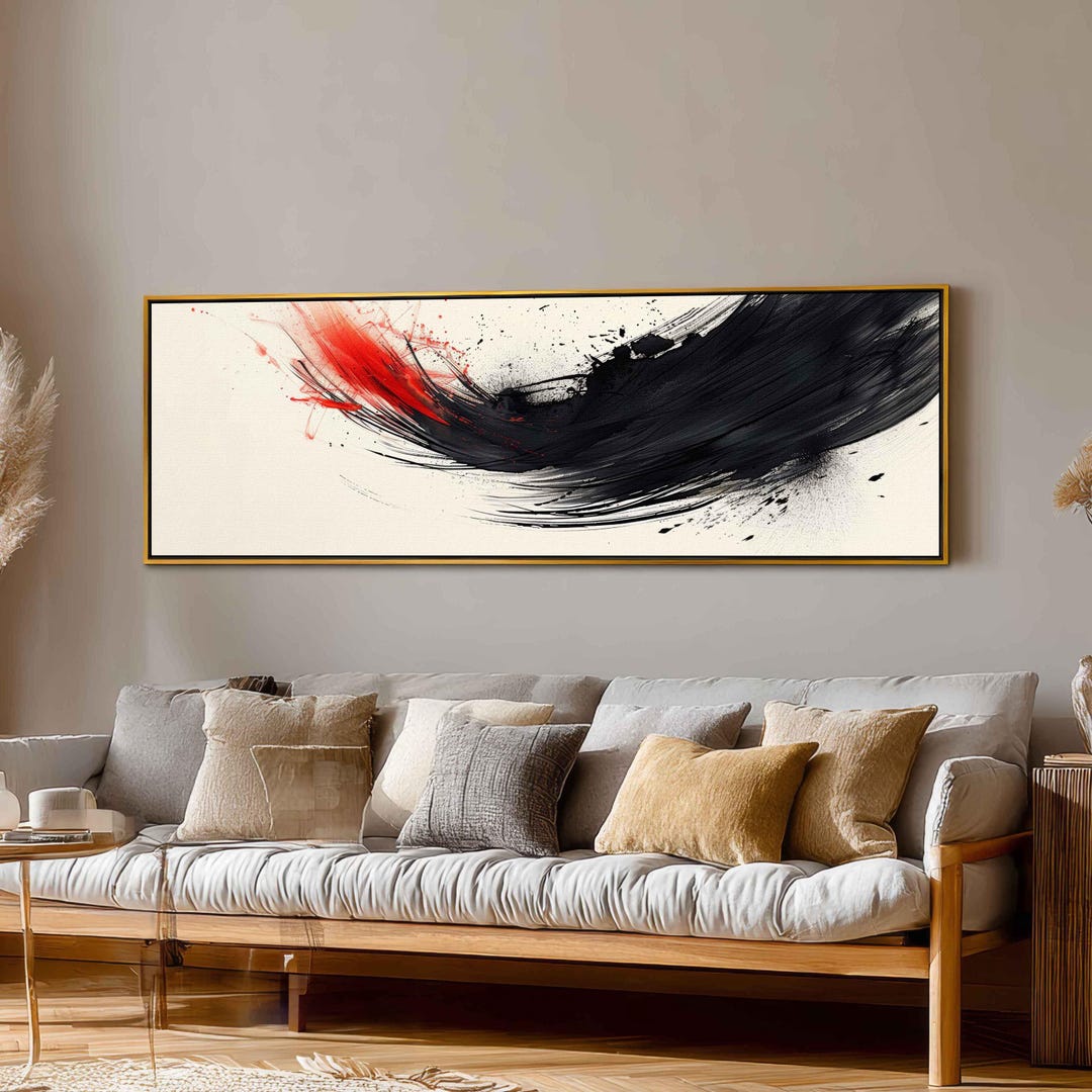 Abstract Brush Stroke Canvas Wall Art, Red and Black Zen Painting ...
